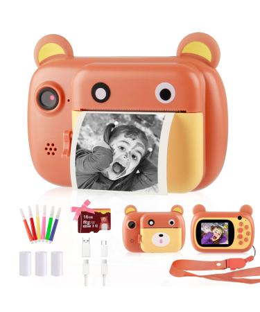 Instant Print Camera for Kids - Updgrade Selfie Kids Camera with Zero Ink | Dual Lens | 1080P HD | 2.4 Inch | 1000 mAh | 3 Rolls Print Paper Camera for Girls Boys Age 3-12 Birthday Brown