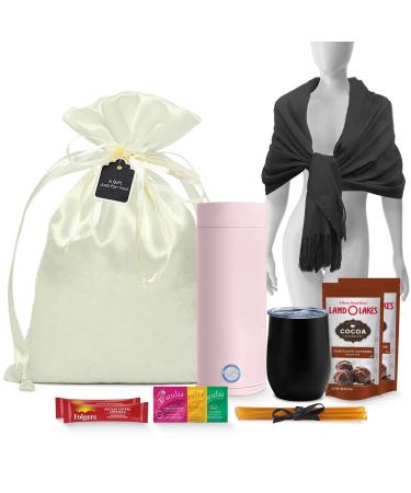 Gift Set for Women with Portable Kettle, Organic Herbal Tea, Honey, Hot Cocoa, Coffee and Pashmina Shawl | Birthday Gift Basket for Friendship, Self-Care Package, Teacher, Mom