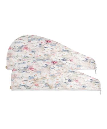 Flowers Watercolor Dry Hair Cap 2 Piece Quick Drying Towel Set with Button Headband Super Absorbent Soft & Comfortable