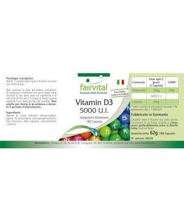 Fairvital | Vitamin D3 Highly dosed - 5000 IU - Cholecalciferol - Vitamin D3 in capsules - 180 Pcs - Buy Online on GoSupps.com