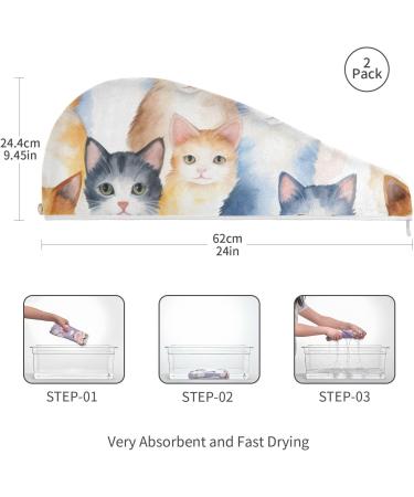 Super Absorbent Watercolor Cats Hair Towel 2 Pack - Quick Dry Hair Turbans with Button Design for Women & Girls - Buy Online on GoSupps.com