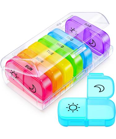 AUVON XL Weekly Pill Organizer 2 Times a Day with Large Opening for Easy Filling AM PM Pill Box 7 Day in Rainbow Colors Portable Travel Pill Case for Medication Vitamins Fish Oils Supplements A-clear