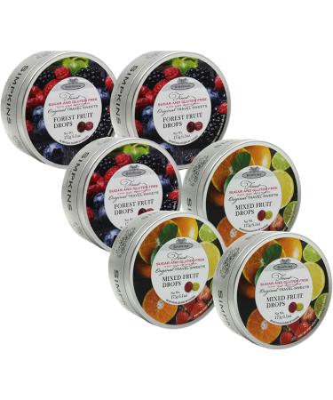 Pack of 6 Original Sugar Free Travel Candy Tins containing 3 Simpkins Mixed Fruits and 3 Simpkins Forest Berries (175g each) - Buy Online on GoSupps.com