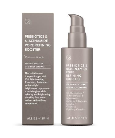 Allies of Skin Prebiotics & Niacinamide Pore Refining Booster | Minimize the Appearance of Pores with Goji Berry & Probiotics Complex | Calm Redness and Treat Blemish Prone Dull Skin | 1.7 fl oz