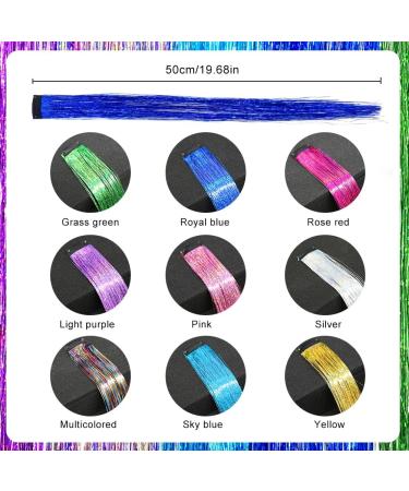 Hair Tinsel Glitter Extensions Clip In Hair Extensions Coloured for Kids Rainbow Hair Glitter Strands for Girls Women Fairy Hair Decor Party Supplies (9 Colors) - Buy Online on GoSupps.com