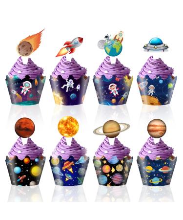 Universe Planet Cupcake Toppers Space Astronaut Cupcake Wrappers for Baby Shower Birthday Outer Space Themed Party Cake Decorations Supplies