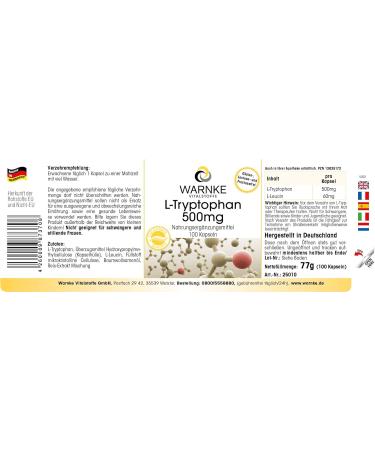 L-Tryptophan 500mg - 100 capsules - Vegan | Warnke Vitalstoffe - Quality from German pharmacies - Buy Online on GoSupps.com