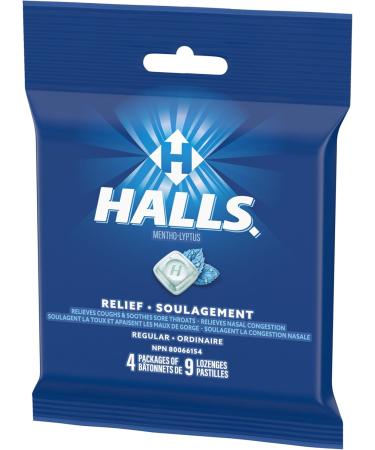 HALLS Regular Cough Drops Throat Lozenges Sore Throat Relief Mentho-Lyptus 4 Packs of 9 Lozenges - Buy Online on GoSupps.com