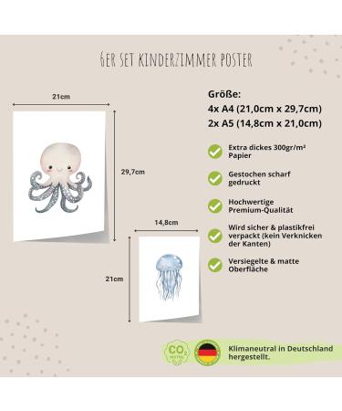 Meinbaby123 Underwater World Pictures for Children's Room | 6 Set DIN A4 & DIN A5 | Whale Turtle Jellyfish Decor | Perfect Gift for Birth | Sea-Themed Wall Art - Buy Online on GoSupps.com