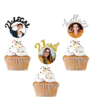 RoadSea 21st Birthday Cupcake Toppers with Photo Frame - 21 & Legal Party Photo Cupcake Supplies - Boy Girl Birthday - Hello 21-21st Anniversary Party Dessert Decorations - 12 PCS Glitter