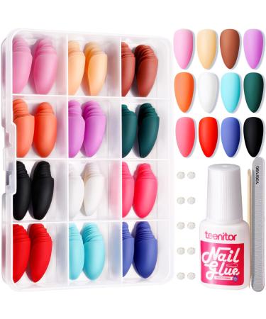 Almond Press On Nails Teenitor Almond Shape Press On Nails Medium Length 12 Pack Matte Press On Nails Short Almond 12 Color Almond Glue On Nails Press On Almond Fake Nails Matte Acrylic Nails Short Stiletto Press On N...