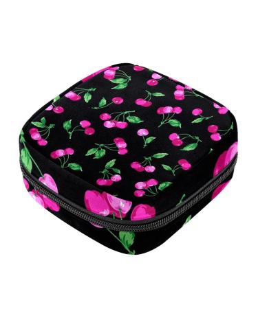 Menstruation pad bag with zipper women's napkin bag tampons collective bags for women and girls (pink cherry cute fruit pattern)