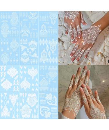 Xmasir 12 Sheets White Henna Tattoo Kit Waterproof Henna Tattoo Stickers for Women Wedding Party Temporary Henna Stickers (White)