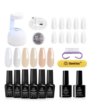 Beetles Gel Nail Polish Kit with U V Light Easy Nail Extension Set, 6 Nude Colors Gel Polish and 2 In 1 Base Gel Nail Glue and Top Coat Starter Kit with Coffin Nails Gift for Girls C-Nude Glitter