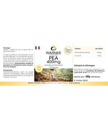 PEA 400mg - with 400mg palmitoylethanolamide per capsule - 100 capsules - highly dosed - vegan | Warnke Vitalstoffe - Quality from German pharmacies - Buy Online on GoSupps.com