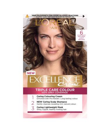 L'Or al Paris Excellence Cr me Permanent Hair Dye Radiant At-Home Hair Colour with up to 100% Grey Coverage Pro-Keratin Up to 8 Weeks of Colour 6 Natural Light Brown