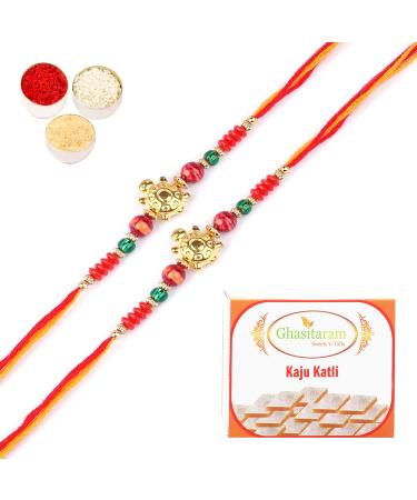 Ghasitaram Gifts Rakhi for Brother Rakhis Online - Set of 2-6059 Rakhi Thread with 200 GMS of Kaju katli Set of 2 Rakhis with 200 gms of Kaju katli