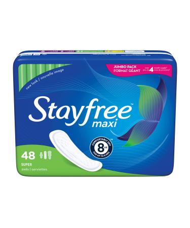 Stayfree Maxi Super Long Wingless Reliable Protection and Absorbency Pads For Women, 48 Count (Pack of 1)