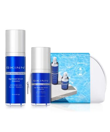 SKINN Deep Wrinkle Eye & Face Serum Skincare Gift Set Reset & Rewind - Under Eye Serum for Dark Circles & Fine Lines - Hydrating & Plumping Anti-Aging Serum - Ferulic Acid Retinol & Vitamin C