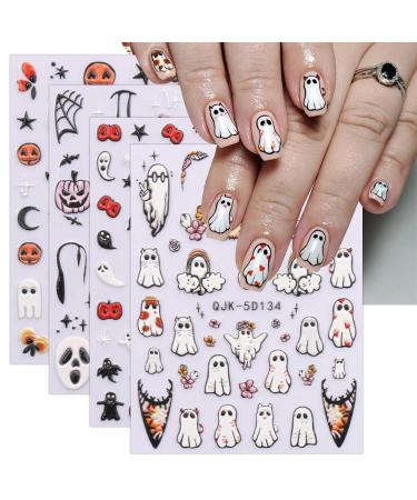 JMEOWIO 3D Embossed Halloween Nail Art Stickers Decals Self-Adhesive 5D Cute Ghost Nail Supplies Nail Art Design Decoration Accessories 4 Sheets