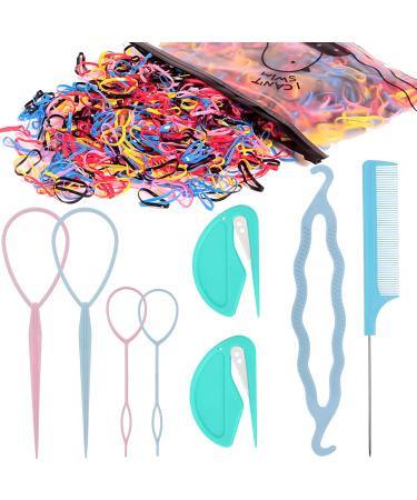 9PCS Hair Loop Tool Set with 1000 Colorful Thickened Rubber Bands  2 Pain Free Ponytail Cutter Remover Tool  4 Topsy Tail Hair Tools  1 Metal Pin Rat Tail Comb for Hair Styling  1 Hair Curler Both Suitable for Adults and...