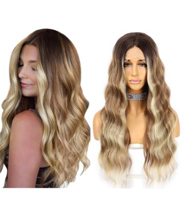 Ombre brown synthetic wig long wavy wigs medium part lace front wigs for women heat -resistant natural view 22 inches