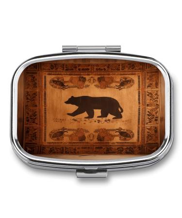 Pill Box Bear Print 2 Compartment Medicine Pill Case Pill Organizer Decorative Metal Portable Pill Box for Pocket Or Purse Style