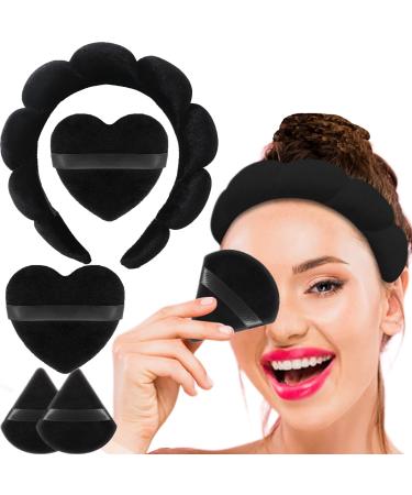 TNZLTDW Black Headband Spa Headband for Women with 4 Pieces Powder Puffs  Sponge and Cloth Spa Headband for Washing Face Puffy Spa Headband for Makeup and Skincare Non Slip Skin Care Headband Sponge Beauty Makeup Tools