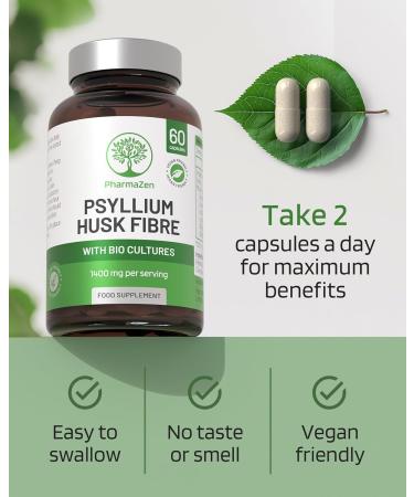 Psyllium Husks Capsules with Probiotics - High Fibre Supplement 1400mg - Soluble Fiber Tablets High Strength - 60 Capsules - Pure Psyllium Husk & 6B Acidophilus Probiotic Complex for Digestive Support - Buy Online on GoSupps.com