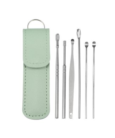 VOCOSTE 6Pcs Stainless Steel Ear Cleansing Tool Set Ear Cleaner Ear Care Set with Faux Leather Packaging Green