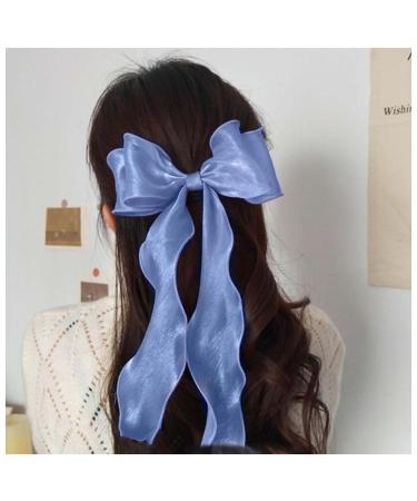 Inilbran Vintage Silk Bow Hair Clips Long Silk Satin Bow Hair Clips French Chiffon Bow Hair Clip Barrette Long Silk Ribbon Bow Hair Clips Headpiece Large Silky Bow blue