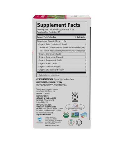 Organic India Tulsi Cinnamon Rose Herbal Tea - Stress Relief & Immune Support, Gluten-Free, USDA Organic - 18 Caffeine-Free Infusion Bags - Buy Online on GoSupps.com