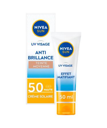 NIVEA SUN Tinted Cream 50 SPF Anti Shine (1 x 50 ml), Light and non-greasy mattifying face care, Tinted fluid with an exclusive formula containing Licochalcone A