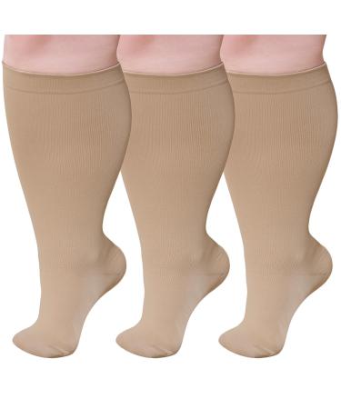 Putuo compression stockings thick calves for men: thrombosis socks women oversize support stockings compression socks for flight medical running 3 couples beige l-xl