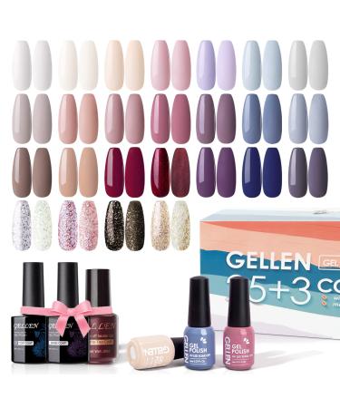 Gellen Gel Nail Polish Kit - 28 Pack Glossy/Matte Top & Base Coat, Nude Grays Pastels Glitter Gel Polish Kit, Trendy Nail Gel Polish Home/Salon Gel Manicure Kit *Nude Grays*
