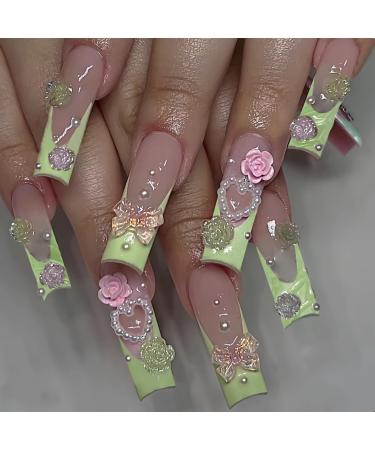 BABALAL Long Press on Nails Square Fake Nails 3D Flower Charm Design Green French Glue ons Nails Bow Heart Jeweled Acrylic Nails 24Pcs Squoval Handmade Manicure Full Cover False Nails FNY03green
