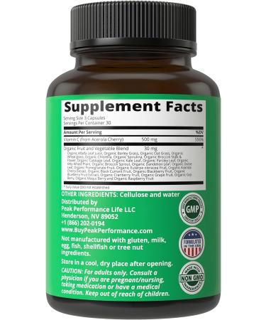 Peak Performance Raw Whole Food Natural Vitamin C Capsules - Vegan USA Sourced Supplement - 90 Pills, 500mg or 1000mg Dual Serving - Buy Online on GoSupps.com