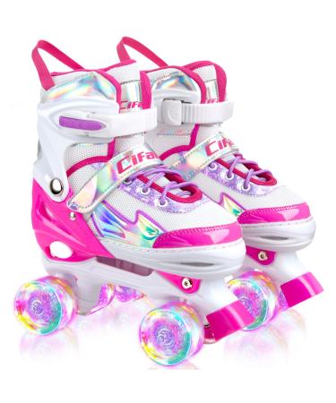 Roller Skates for Girls Boys Kids, Black Pink Purple 4 Sizes Adjustable Kids Roller Skates with Light up Wheels and Shining Upper Design, Roller Skates for Toddler Kids Ages 4-13 A-Pink S-Size10-13C in little kids
