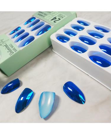 24Pcs Blue Chrome Press-On Nails | Glossy Sparkly Gel Glue-On Nails | Medium Almond Acrylic Manicure Art for Coquette Women - Buy Online on GoSupps.com