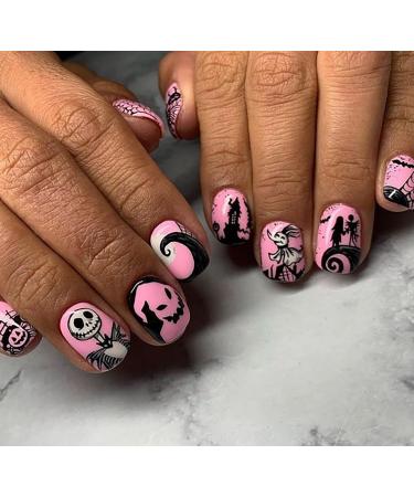 144 Pcs Halloween Press On Nails Kit - Short Square Full Cover Designs with Ghosts Skulls Bats & Pumpkins - Glossy Artificial Nail Set for Men & Women - Buy Online on GoSupps.com