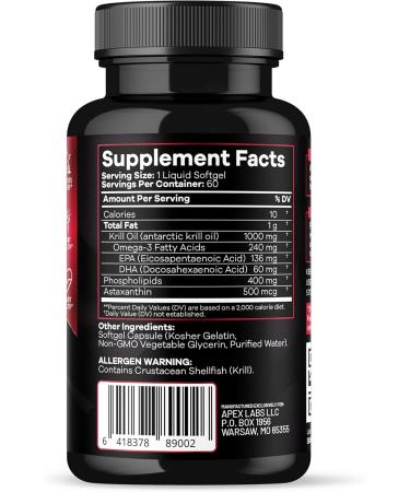 Apex Labs Antarctic Krill Oil 1000 mg with Omega-3s EPA DHA Astaxanthin and Phospholipids 60 Softgels - Buy Online on GoSupps.com