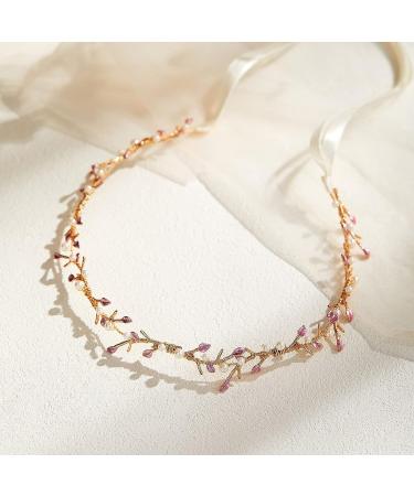 Gold Wedding Hair Accessories with Purple Crystal Pearl Leaves Headband - Bridal Headpieces for Women and Girls - Buy Online on GoSupps.com