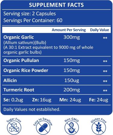 Aged Garlic Extract Organic 9000MG Garlic Supplement Powder 30:1 Extract Formula with Alliin Purity 99%+ Microelement Selenium Iron Zinc and Manganese 2+ Month Supply 120 Capsules 120 Count (Pack of 1) - Buy Online on GoSupps.com