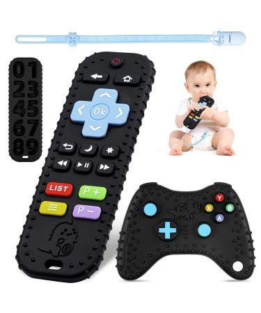 Baby Teething Toys Baby Remote Control & Game Controller Teething with Baby Dummy Chain BPA-Free Silicone Teething Aid Baby Teether Relief for 0-6 Months Black Remote + Game Control
