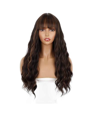 ENTRANCED STYLES Dark Brown Wig with Bangs â€“ Long Wavy Synthetic Wig with Blonde Highlights for Women | Heat Resistant & Natural Look - Buy Online on GoSupps.com