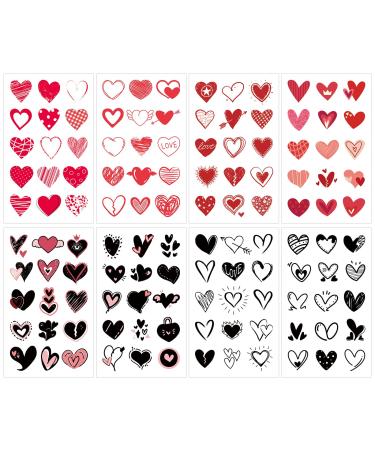 120 Patterns Valentines Heart Tattoos  8 Sheets Red Black Love Hearts Valentine's Day Temporary Tattoos Decal Stickers for Kids Girls Boys Women Face Body Accessories