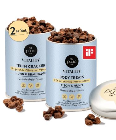 Puja Katzensnack grain free double fit with vitality teeth + vitality body for cats - healthy teeth and immune system booster 2x150g treats small for reward & game favorite package - immune system & dental care