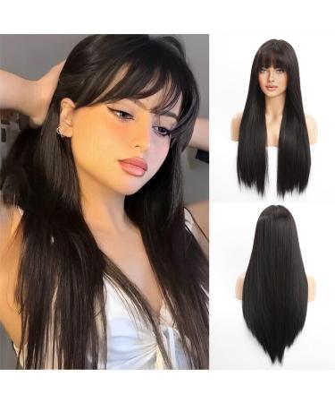 HAIRCUBE Long Straight Wigs for Women Synthetic Hair Wig with Neat Fringe for Daily Use or Cosplay (Dark Black)