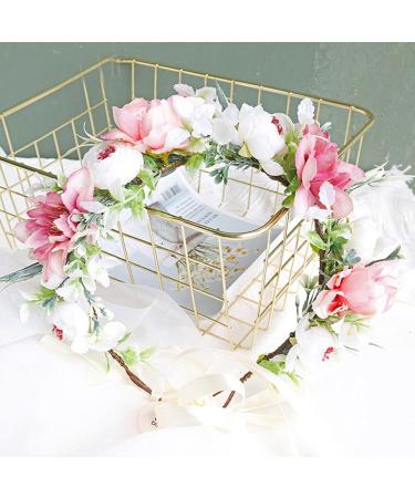 AWOCAN Women Flower Crown Headband Flower Headpiece Floral Crown Wedding Bridal Hair Garland Adjustable Flower Hair Wreath Crown for Women (WHITE+PINK-A) - Buy Online on GoSupps.com