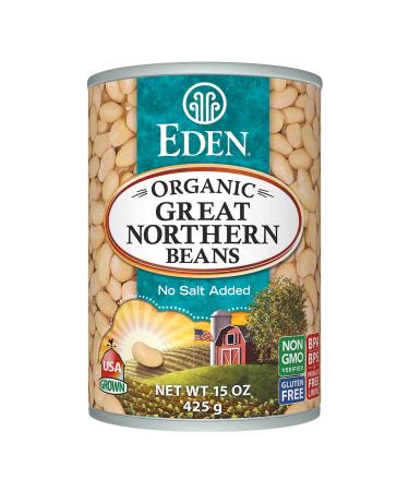 Eden Organic Great Northern Beans, 15 oz Can, No Salt, Non-GMO, Gluten Free, Vegan, Kosher, U.S. Grown, Heat and Serve, Macrobiotic, Similar to Cannellini, Smoother
